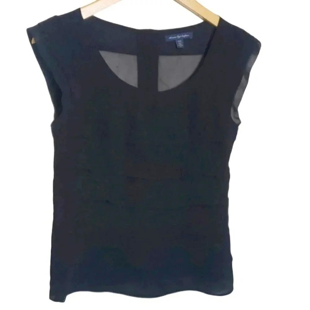 American Eagle Blouse XS Black Tiered Chiffon Cap Sleeve‎ Back Button Boho